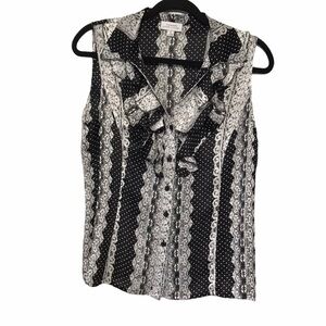 Tahari White/Black Ruffled Sleeveless Blouse T82